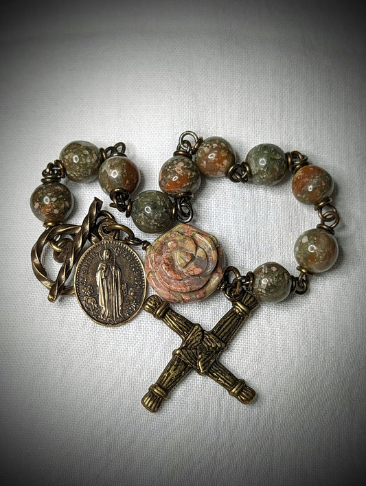 Irish Saints Rosary Bracelet in Unakite and Bronze